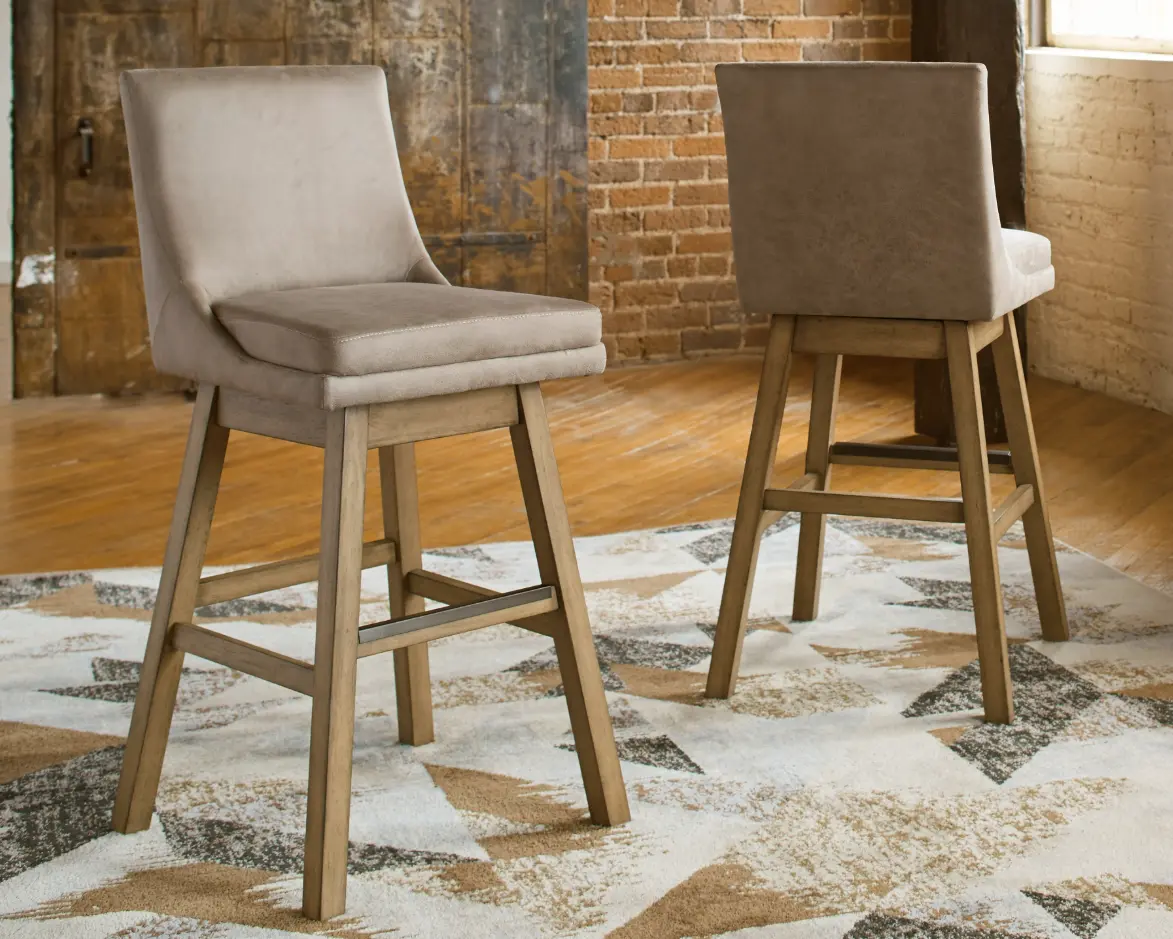 Stonebrook Linen Bar Stools – Set of 2, Soft Neutrals, Rustic Texture, Elevated Comfort, Beige Fabric, Wood Legs, Footrest Included