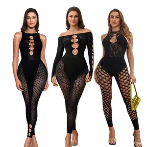 3 Pcs Women’s Sexy Black Lace Jumpsuit Set - Cutout Mesh Bodysuit, See-Through Fishnet Catsuit, Hollow Out Clubwear Rave Outfits