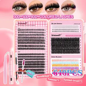 640pcs Multicolor False Eyelashes Set, Diy Eyelash Clusters, D Curl, Dense and Voluminous, Self-Adhesive with Glue, Holiday Gift, Easy Apply Makeup