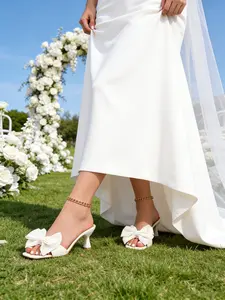 Charming Bride Bow Mules Shoes, Outdoor Wedding Comfortable Bridal Shoes, Cute Open Toe Medium Width PU Upper