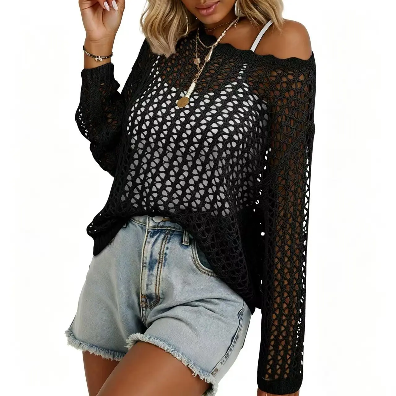 EVALESS Women's Casual Baggy Oversize Acrylic Knit Pullover - Round Neck, Long Sleeve, Hollow Out Cutout, Elegant Airy Beach Cover Up Blouse, 2026 Trendy Summer Outfits Breathable, Knitwear, Crew Neck, Valentines Day, Plain