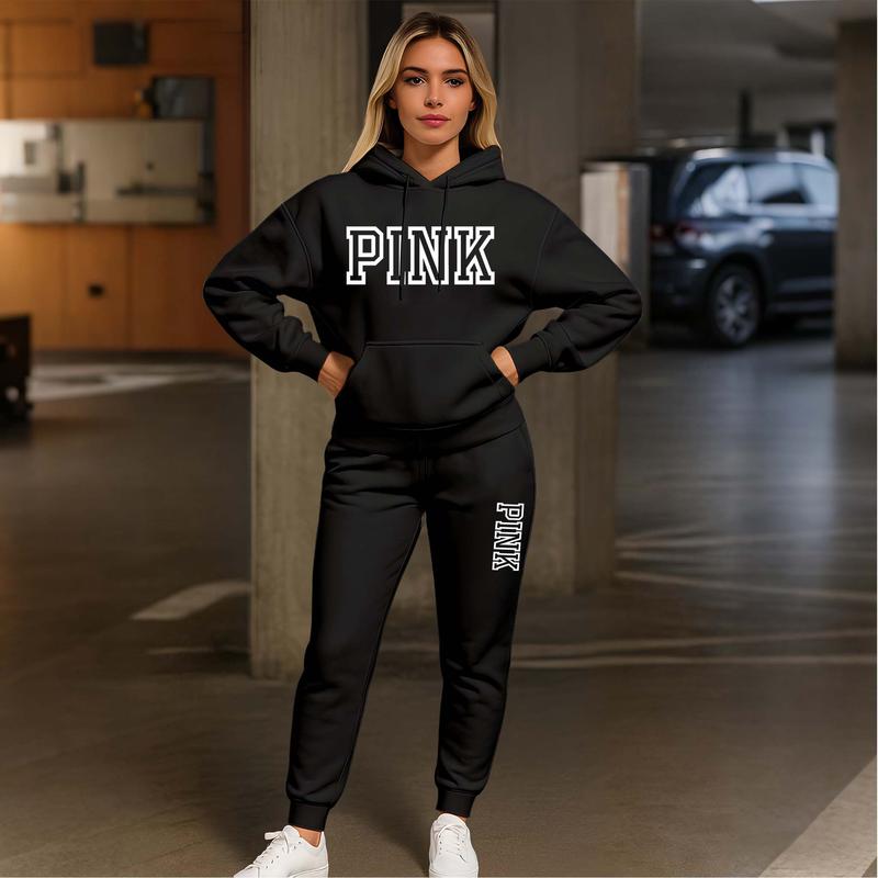 Women's Pink Print Hoodie And Drawstring Track Pants Set, Casual Sportswear, Long-Sleeved Hooded Jacket And Pants, Suitable For Autumn And Winter, Everyday Wear, Indoor And Outdoor Sportswear, Casual Sportswear.