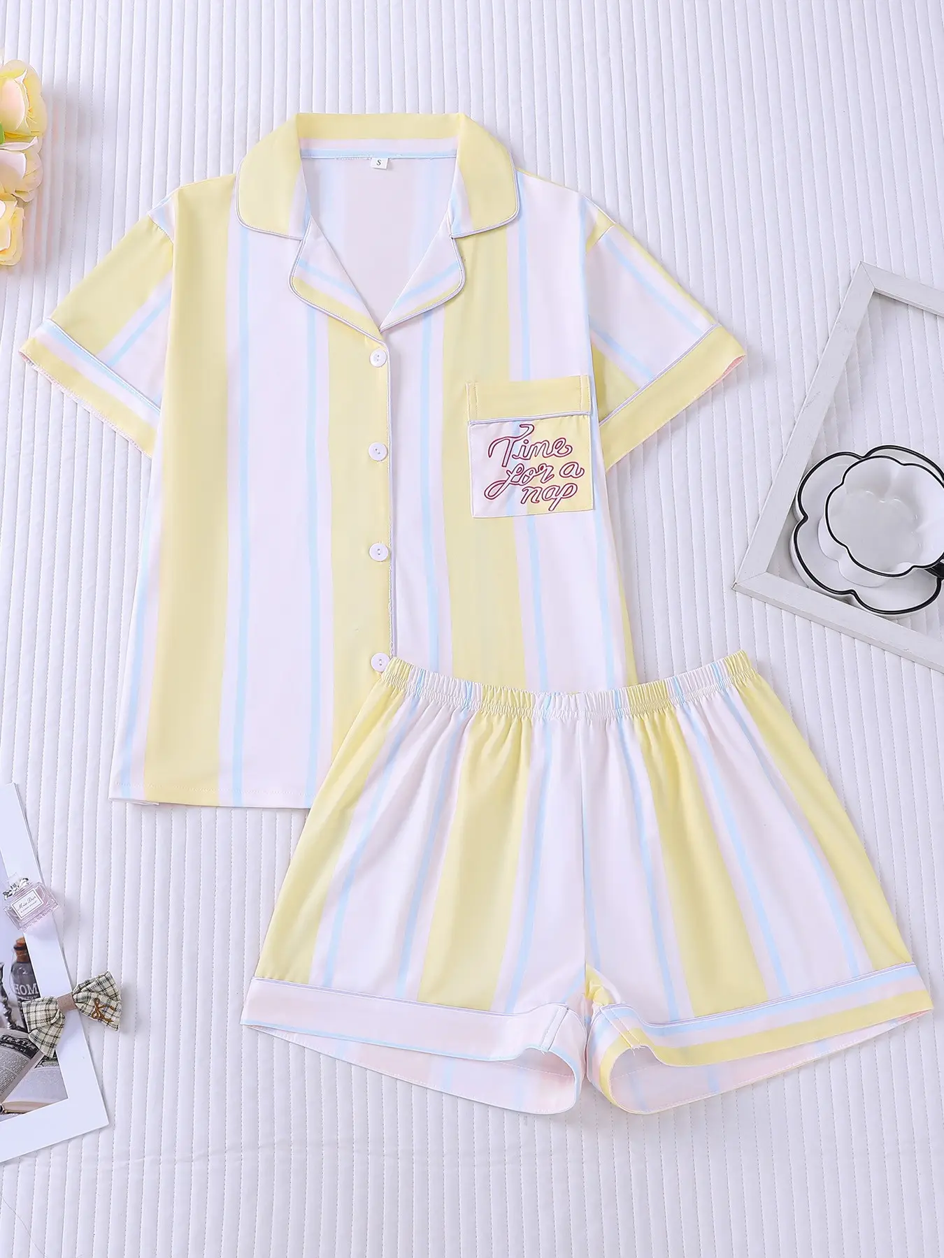 Women's 2-Piece Yellow White Blue Striped Pajama Set with Pocket Letter Print, Fresh & Preppy Homewear, Loungewear, Short Sleeve Lapel Top & Elastic Waist Shorts, Soft Comfy All-Season Casual Sleepwear for Ladies Pjs