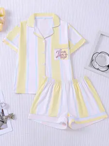 Women's 2-Piece Yellow White Blue Striped Pajama Set with Pocket Letter Print, Fresh & Preppy Loungewear, Short Sleeve Lapel Top & Elastic Waist Shorts, Soft Comfy All-Season Casual Sleepwear for Ladies