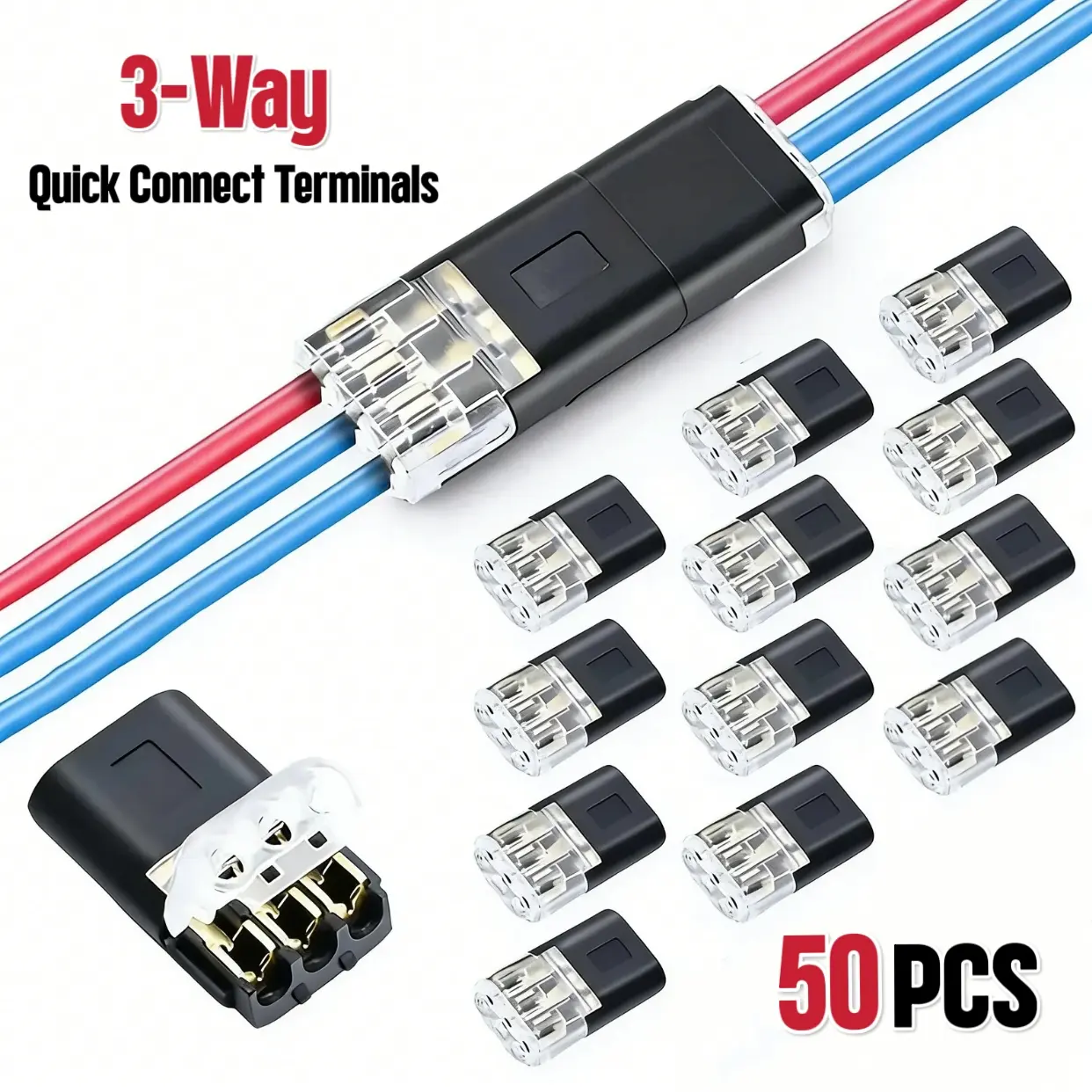 3-Way Quick Wire Connectors - No-Stripping, No-Soldering, Durable Reliable Connectors for Home Improvement Electrical Equipment, 20-22 AWG/0.2-0.7mm², 300V Rated Low-Voltage DC Power Supply, Compact, Secure Joints, Solid/Stranded Fit Terminals