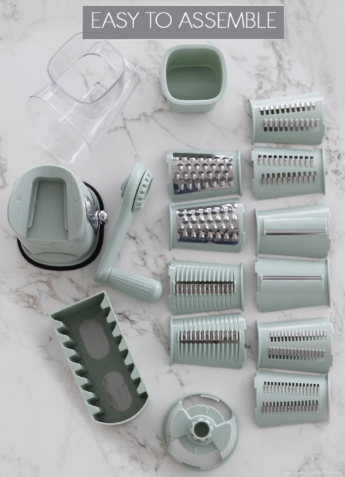 Rotary Cheese Grater with Handle 5 in 1 Vegetable Shredder with 5 Blades, Strong Suction Base, Round Mandoline Slicer & Blade Storage Box Kitchen Steel Stainless Utensils Curve Smooth