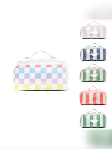 High-Value Striped Makeup Storage Bag, Large Capacity Cosmetic Organizer, Multifunctional Portable Handbag, Casual Style, All Seasons Use, Travel Cosmetic Bags, Travel Makeup Bags Organizers