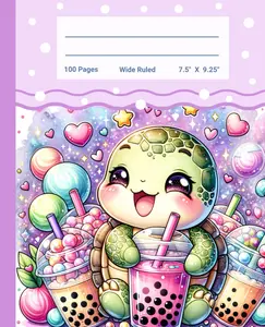 Wide Ruled Notebook: Purple Kawaii Composition Notebook With Adorable Cute Baby Turtle And Bubble Tea | For Teens, Girls, Kids, Students | Back To School Supplies | 7.5 X 9.25 | 110 Pages