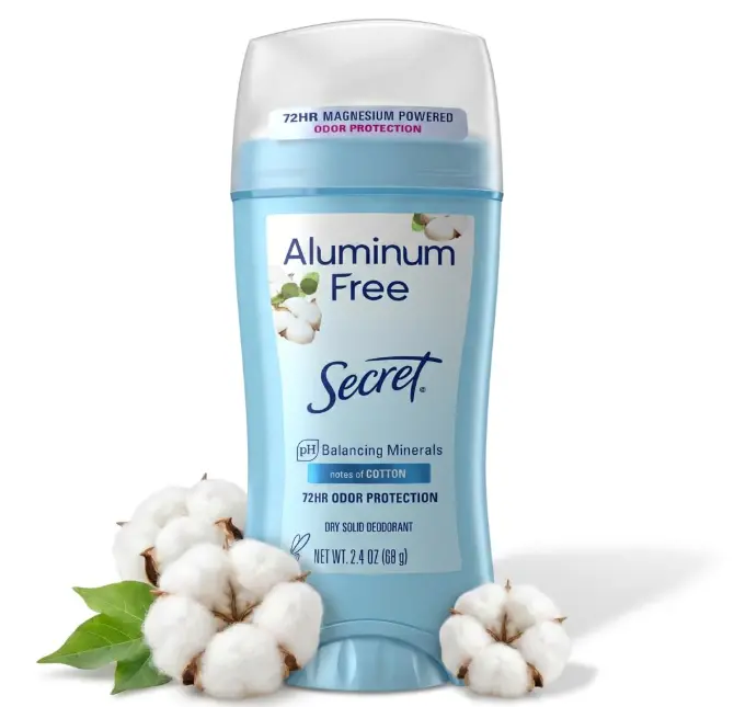 Secret Aluminum Free Deodorant for Women, 48hr Odor Protection, Free of Parabens Dyes Talc & Baking Soda, PH Balancing Minerals, Dry Solid, Cotton Scent, 2.4 oz