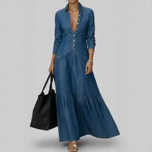 Street-style Vintage-collar Chic Denim High-end And Fashionable Fitted-waist Maxi Dress