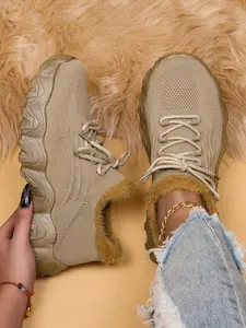 New Women's Large Size Casual Sport Shoes, Fleece Lined Thick Sole Sporty Running Shoes, Round Toe Low Top Textile Upper, All Seasons Wear