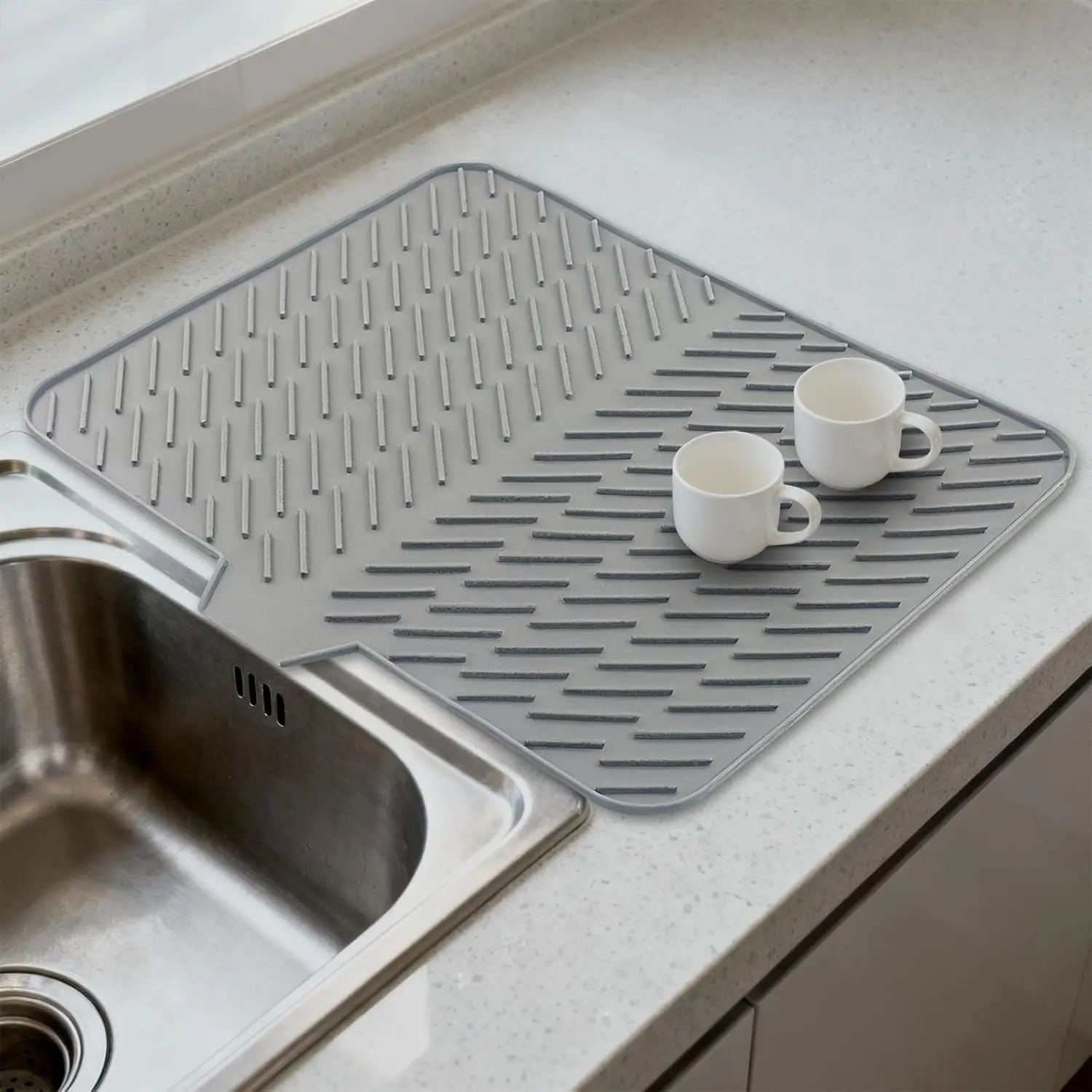 Rectangle Silicone Drying Mat with Diagonal Ridges, 23"X17" Built-in Drain Lip, Heat-Resistant, Eco-Friendly, Hygienic, Leak-Proof, Non-Slip Functional Pad for Kitchen Counter