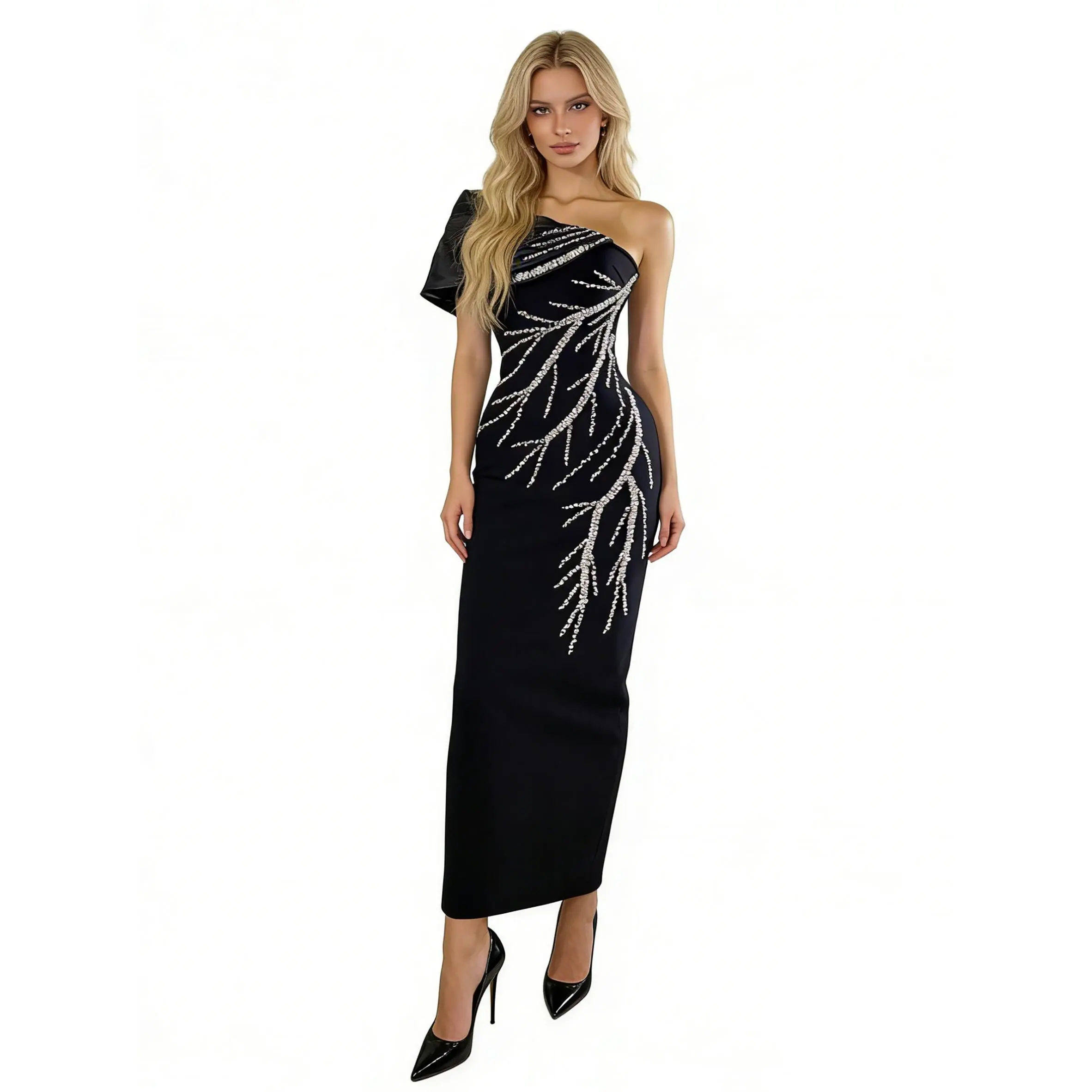 Women's Fitted Bodycon Knit Dress - Asymmetrical Neck, Sparkling Branch Rhinestone, Bandage Design for Cocktail, Evening Events (XS-L), Birthday, Polyester, Ankle-Length, Elegant, Premium Bandage Fabric, Silver, Branch Pattern, One-Shoulder