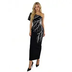 Elegant Asymmetrical Shoulder Bandage Dress, Sparkling Branch Rhinestone Formal Party Gown (XS-L)