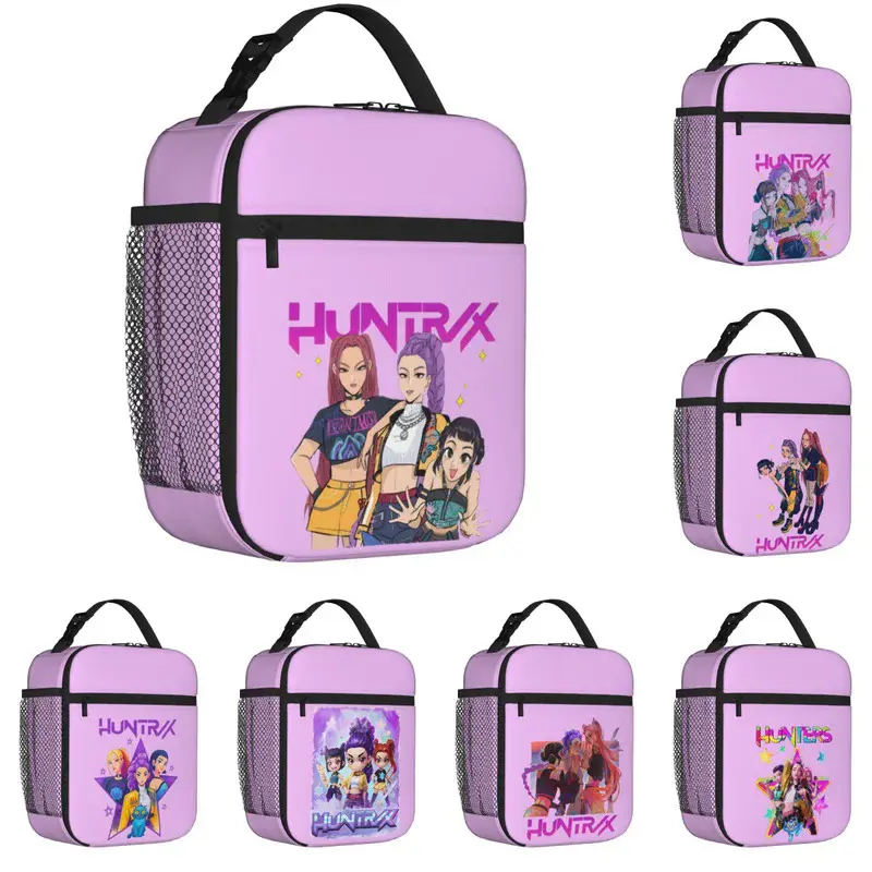 Pink Cartoon Girl Group Print Insulated Lunch Bag Portable Thermal Kids School Food Storage Tote Gift