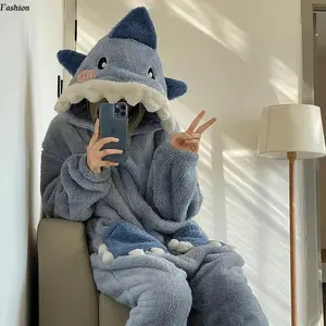 two piece set women Cute Blue Shark Pajamas Long Sleeve Jumpsuit Animal Autumn Homewear Winter Sleepwear Cosplay Costume for Women and Men