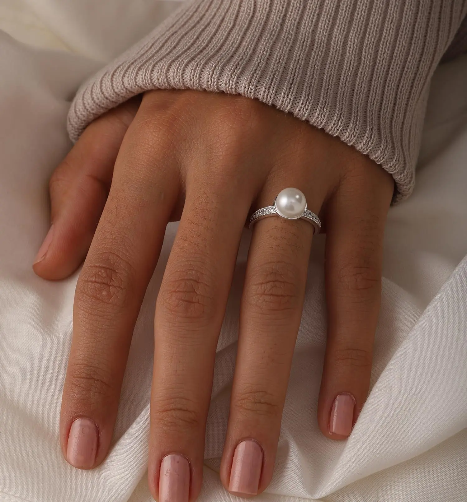 LeCalla 925 Sterling Silver Pearl Rings for Women Hypoallergenic CZ Pearl Ring for Women Size - 7