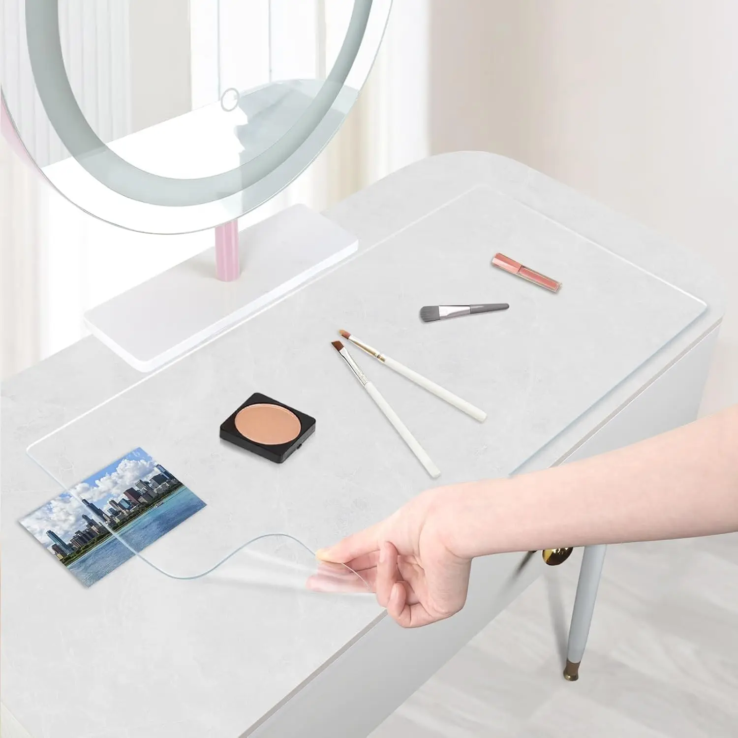 Clear PVC Vanity Makeup Desk Mat to Protect Vanity Desktop Waterproof Oilproof Easy to Clean Transparent Desk Pad 31.5x15.7in