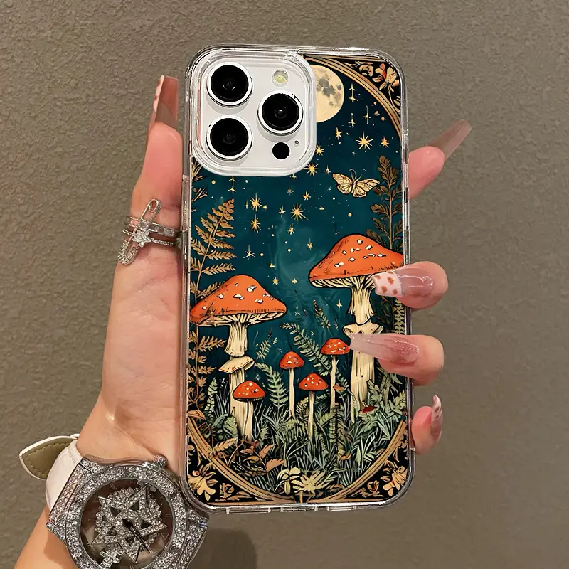 Soft Girl Magnetic Smartphone Case for iPhone 11/12/13/14/15/16/17 Pro Max, Moon Mushroom Butterflies Design, Lightweight, Drop-Proof, MagSafe Compatible, Handheld Cellphone Protection for Teen Girls