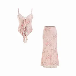 Cider Floral Lace Trim Tie Front Cami Top & Mid Rise Bodycon Maxi Skirt Set SwimWeek