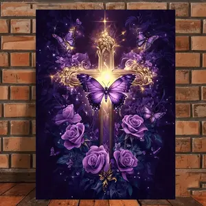 Elegant Canvas Wall Art Frameless - Stately Cross Adorned with Purple Roses and Butterflies, Quiet Room Decor for Living Room, Bedroom, Home Office - Classic American Style, Vertical Orientation, Interior Use, Home Decor
