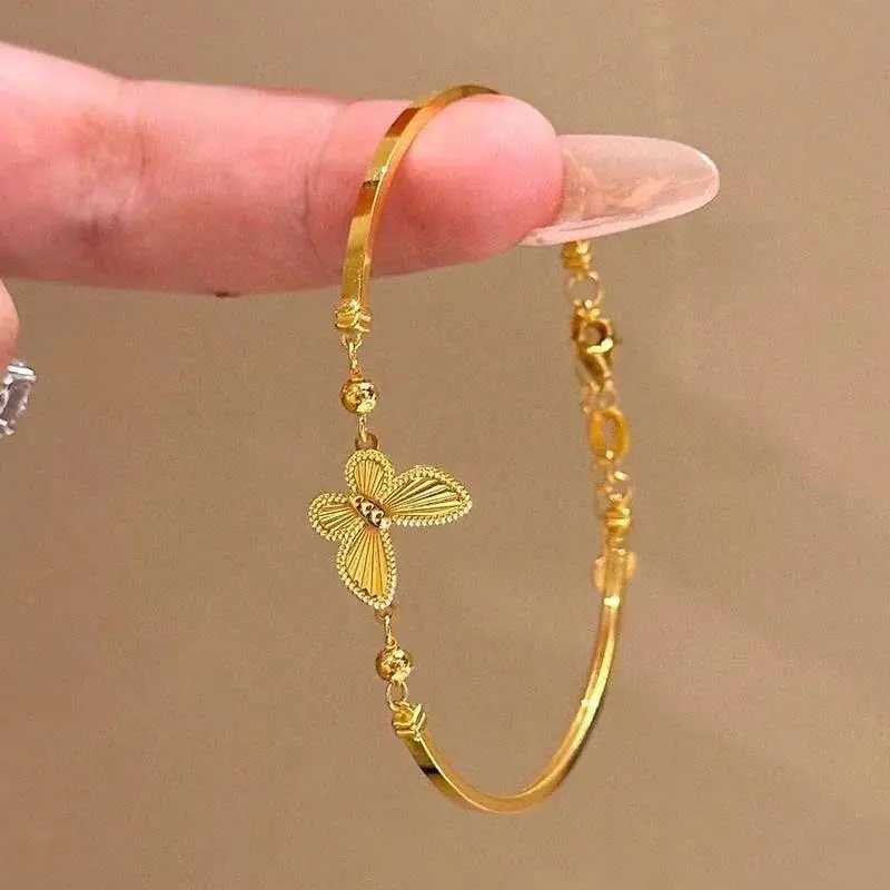 Unisex Butterfly Charm Bracelet, Korean Style Jewelry with Gold Aesthetic for Bracelet Stacking, Shiny Gold-Tone Finish, Yes, Butterfly Accents Bracelets & Bangles