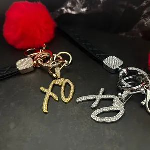 XO Wristlet Keychains with Puffball - Red Pom Pom & Crystal Accents - Gold and Silver Options Available