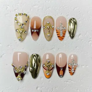 [Temple Glory] Medium Almond Handmade Press on Nails, Fake Nails with Nail tool kit with Jelly Stickers, Reusable, Durable