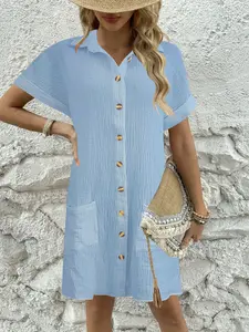 Turn-Down Collar Short Sleeve Shirt Dress, Button Front, Side Pockets, Casual Loose Fit, Womenswear