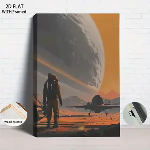 1Pcs Wood Framed Astronaut Space Decor Canvas Wall Art Modern Minimalist Living RoomBackground Painting Sci-Fi Planet Bedroom Study Mural with Wooden Frame Ready to Hang Ready To Hang