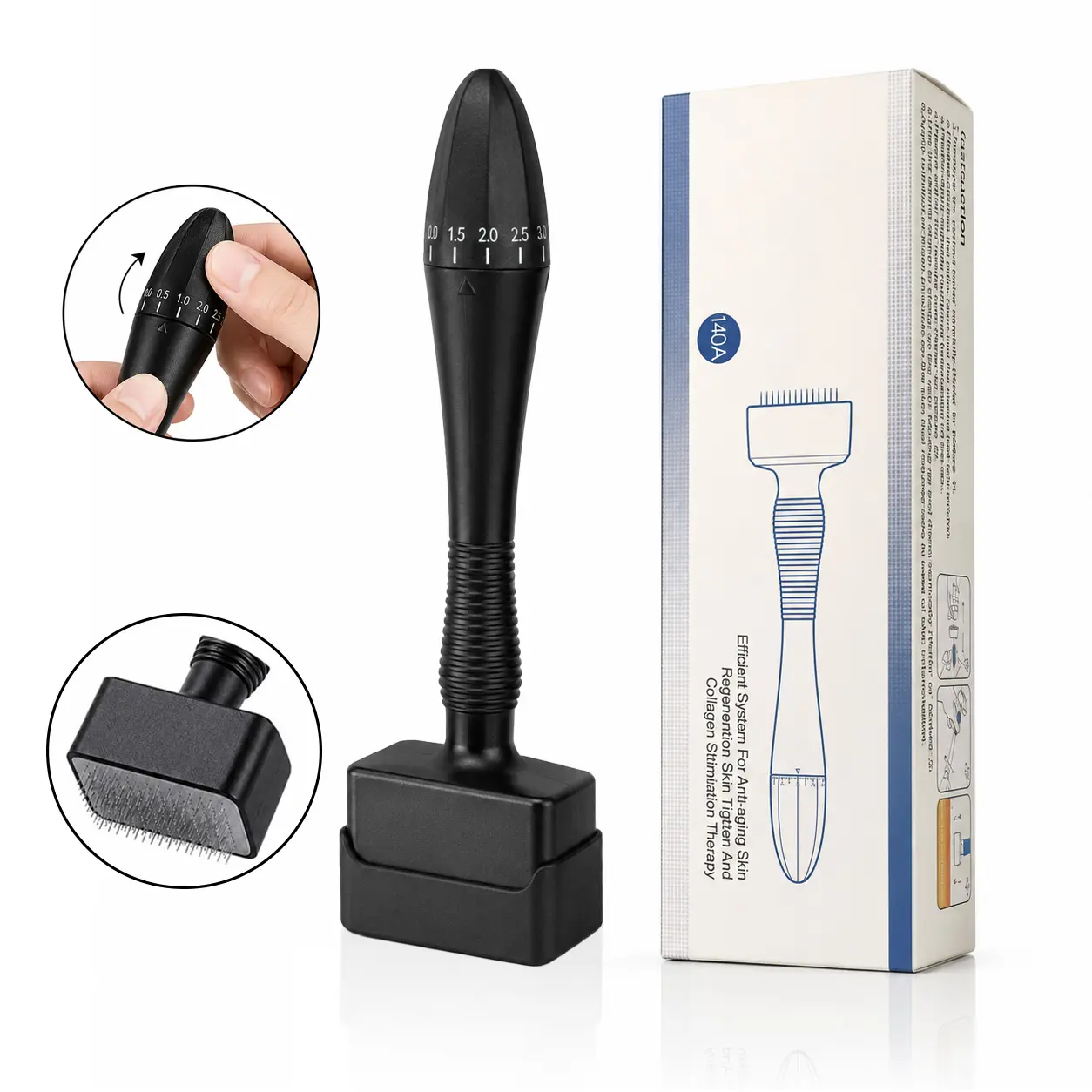 140-Pin Adjustable Microneedle Stamp for Face, Facial Care Face Care Product with Custom Needle Length, Protective Cap, Ergonomic Non-Slip Handle, Uniform Stamping Design for Home Revitalizes Routine, Black, Face Care Products, Patch Test