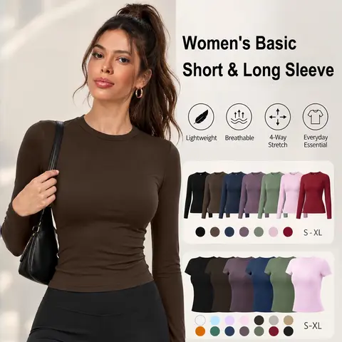 [TIMEOFF] Women's Slim Fit Solid Color Crewneck Short Sleeve Casual Sporty Top, Stretch Polyamid Breathable Athletic Top, Anti-Wrinkle No See-Through Casual Wear Activewear, Sagging-Preventing Athleisure Sports T-Shirt, Ideal for Yoga & Running