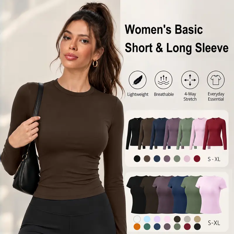 [TIMEOFF] Women's Slim Fit Solid Color Crewneck Short Sleeve Casual Sporty Top, Stretch Polyamid Breathable Athletic Top, Anti-Wrinkle No See-Through Casual Wear Activewear, Sagging-Preventing Athleisure Sports T-Shirt, Ideal for Yoga & Running
