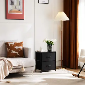 Small Nightstand with Storage - 2 Drawers & Fabric Bins, Fits Bedroom, College Dorm | Black or Rust Brown, Space-Saving Design