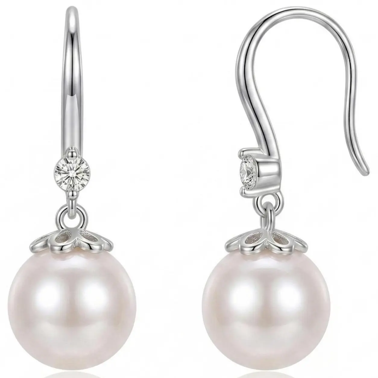 925 Silver Plated Pearl Drop Earrings for Women, Dangle Earrings with Zircon, Dainty Pearl Jewelry Gift, Artificial Zircon Earrings