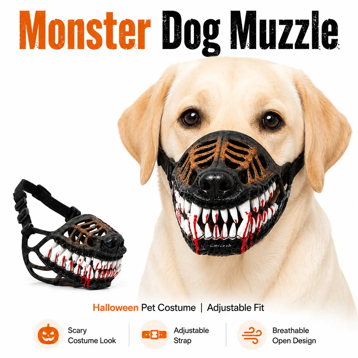 Monster Dog Muzzle Scary Zombie Fangs Dog Muzzle Breathable Adjustable Latex Dog Mouth Cover Halloween Cosplay Costume Accessory for Medium & Large Dogs, Terrifying Pet Party Photo Prop