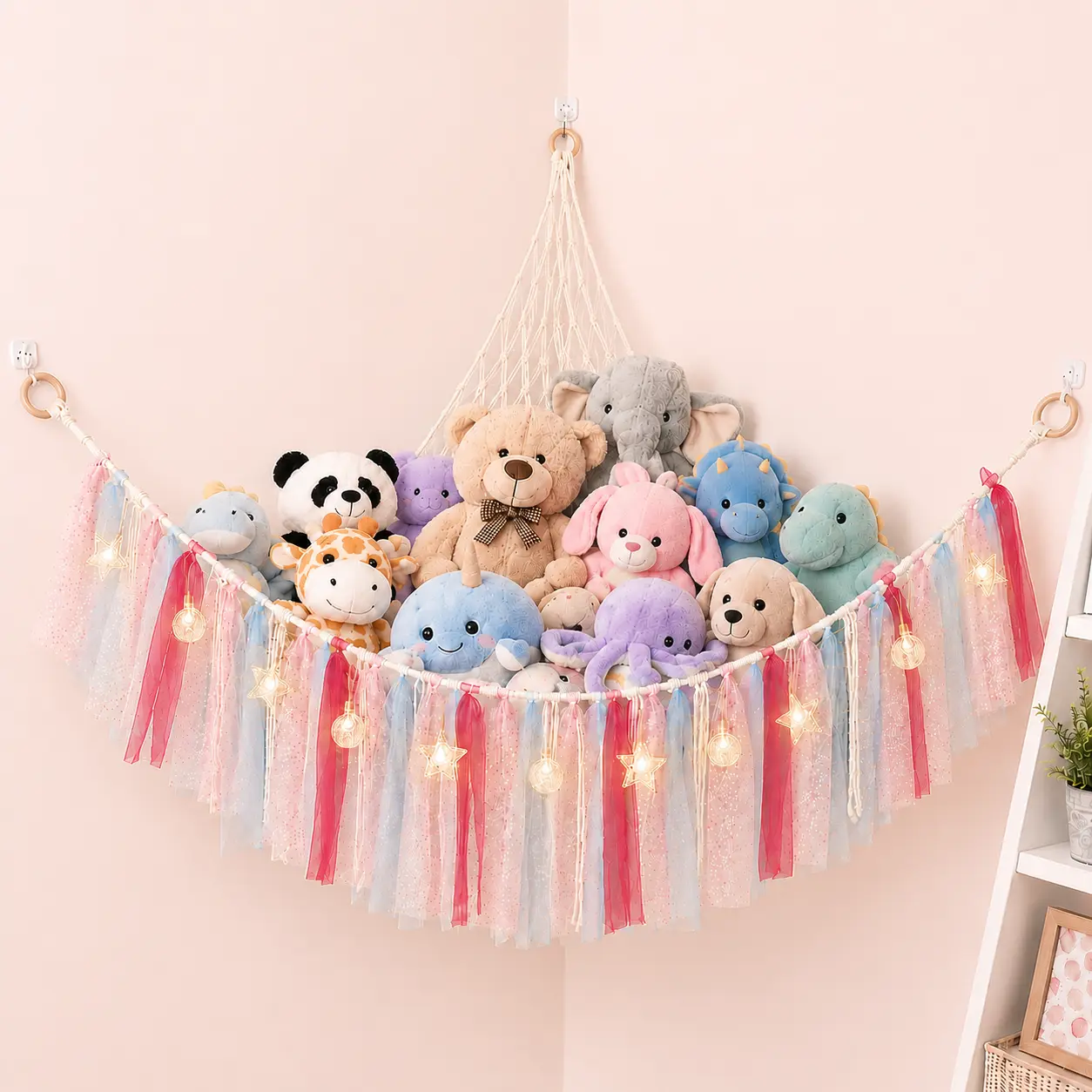 Stuffed Animal Storage Hammock or Net Corner - Large Toy Hammock Net for Stuffed Animals Room Decor - Cute Stuff Animal Organizer Plush Holder - Kids Baby Nursery Essentials Wall Bedroom Home Decor