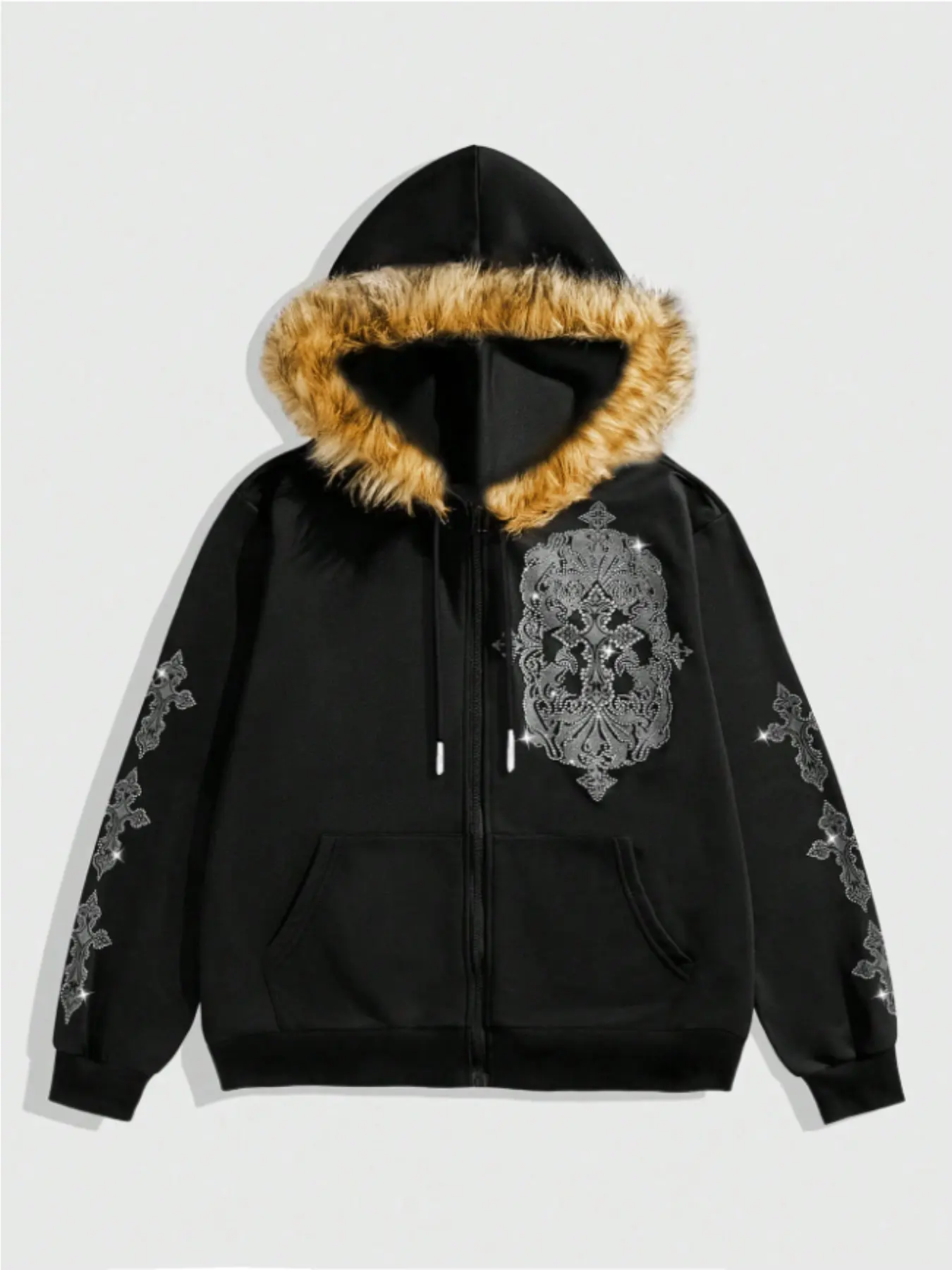 Y2K Gothic Rhinestone Zip Up Hoodie - Faux Fur Trim Hooded Jacket