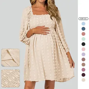 Imily Bela Women's Maternity Long Sleeve Dress Square Neck Swiss Dot Summer Casual Loose Short Dresses