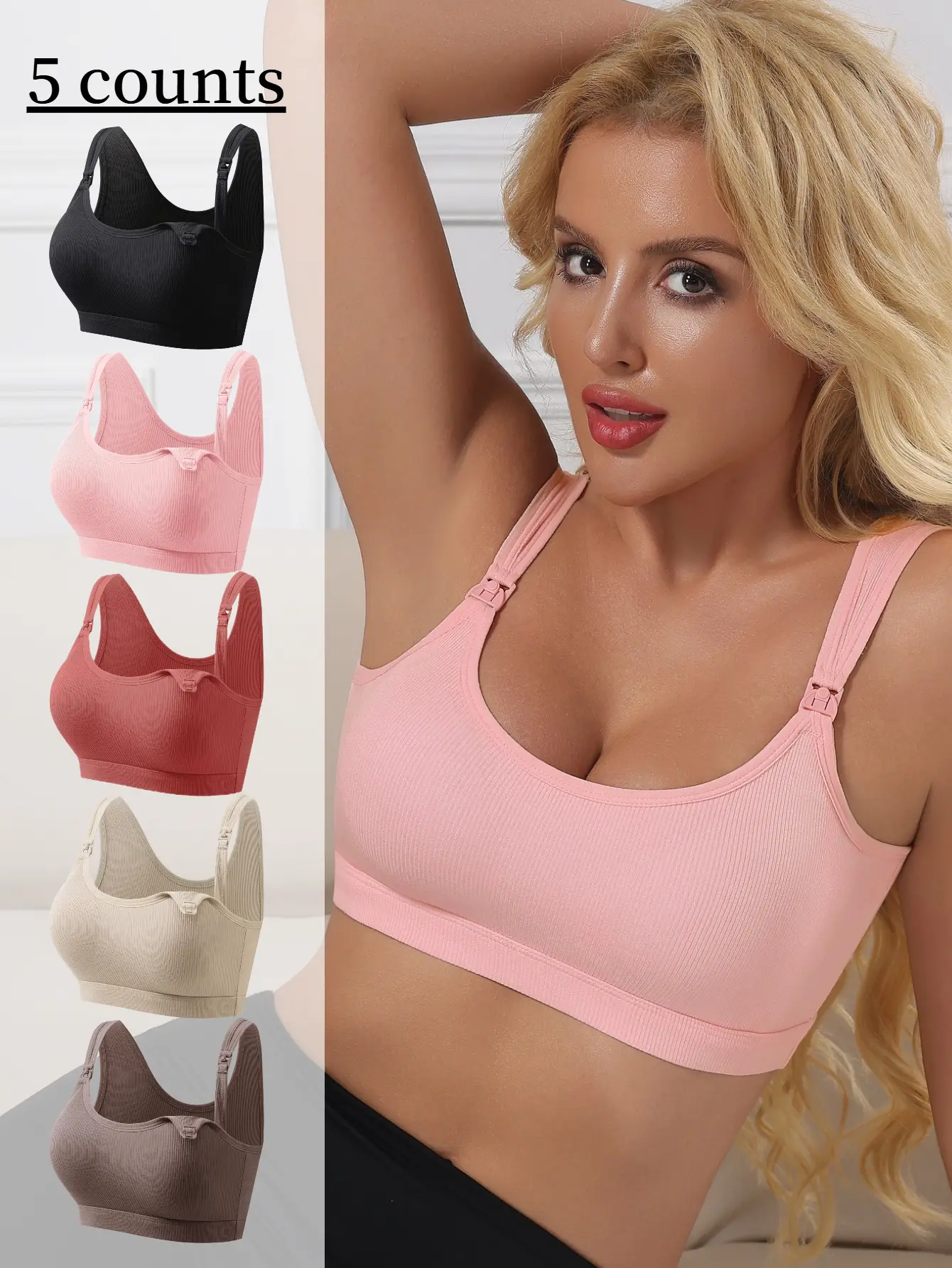 BQY 5-piece set Maternity's Solid Color Removable Nursing Bra, SoftComfortable Breathable Nursing Bra for Pregnancy &Postpartum, Maternity Underwear f