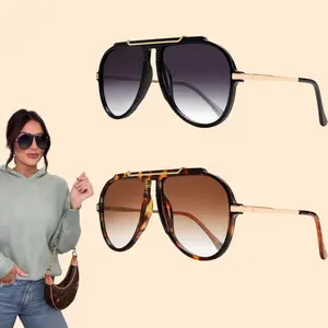 2Pcs Retro Aviator Sunglasses for Women Men Oversized Classic 70s Vintage Trendy Tangle Free Square Aviators Sun Glasses