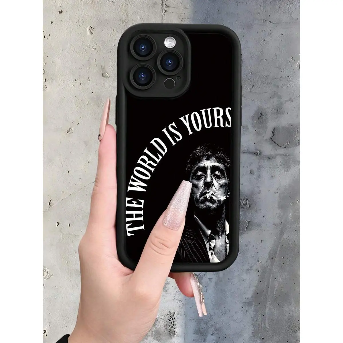 "Black 'The World Is Yours' Movies & TV Design Phone Case for iPhone 16/15/14/13/12/11/XS/XR - Plastic-TPU UV Printed, Frosted Non-Slip, Low-Key Luxe, Shockproof Drop Protection Cellphone Accessory", Iphone 15