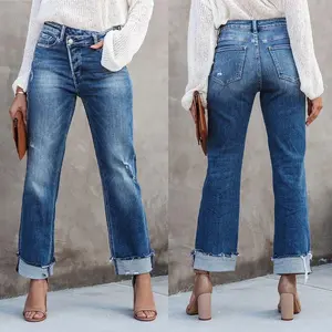 Women’s High-Waisted Straight-Leg Stretch Denim Jeans with Crossover Design and Cuffed Hem
