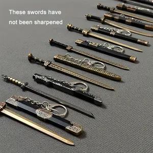 7pcs Miniature Metal Swords Set, Ancient-Inspired Toy Pendant Collection, Military Theme, Durable Metal Construction, Ideal Gift For Game & Anime Enthusiasts, Ages 14+ (Sheath Included, No Display)