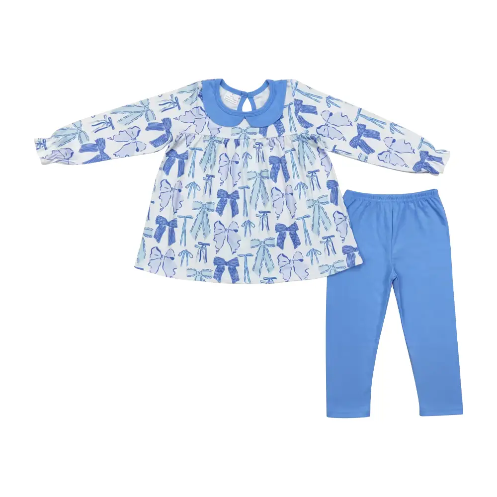 GLP1517--girls outfits long sleeve blue bow printed kida clothing