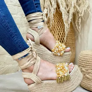 Mariana Handmade Colombian Yute Platform Sandals 12cm with Pearl & Bow Detail Women's Elegant Summer Footwear Comfortable Walking Shoes
