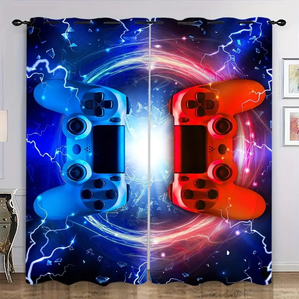 2 Panels Gaming Console Design Semi-Sheer Curtains, Pinch Pleated Drapes with Vibrant Gamepad & Lightning Bolt Print for Bedroom, Living Room, Office - Modern Polyester Microfiber Window Treatment, Gaming Room Decorations 28*40IN/71*101CM