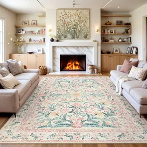 Lahome Boho Floral Area Rug – Washable, Non-Slip, Soft Thin Carpet for Living Room, Bedroom, Nursery and Kids Playroom
