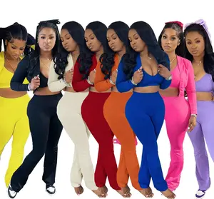 Crop Jacket Tops 3 Piece Pants Sets Sexy Outfits Tracksuits Women Sweatsuit Jogger Sweat Suit Solid Color Three Piece Pant Set