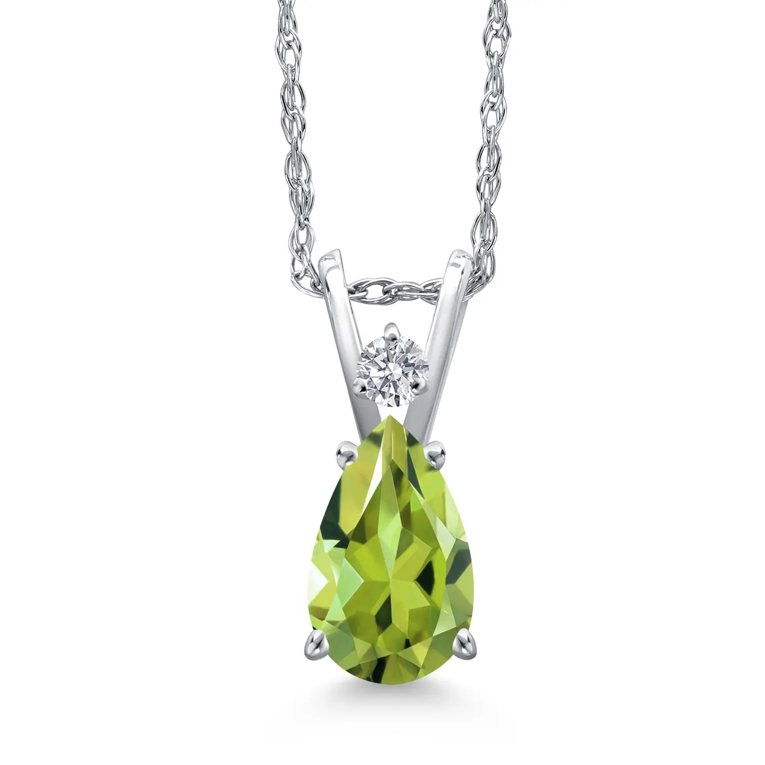Gem Stone King 14K White Gold Green Peridot and Lab Grown Diamond Pendant Necklace for Women | 0.96 Cttw | Gemstone August Birthstone | Pear Shape 8X5MM | With 18 Inch Chain